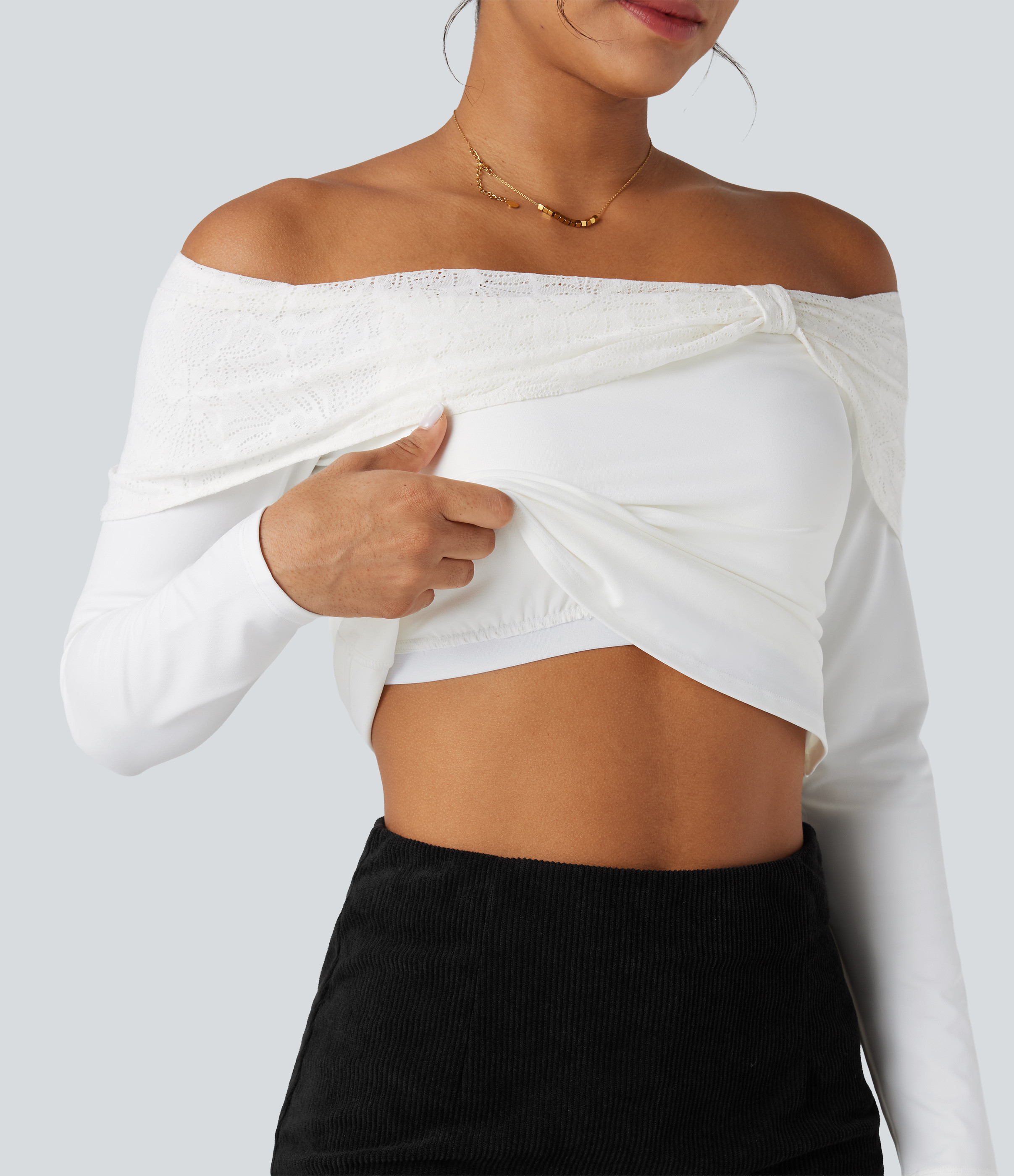 Halara Off-shoulder Lace Long Sleeve Built-in Bra Casual Top Tank Top - White - S golf tops halter top tunic tops sleeveless tops | HALARA