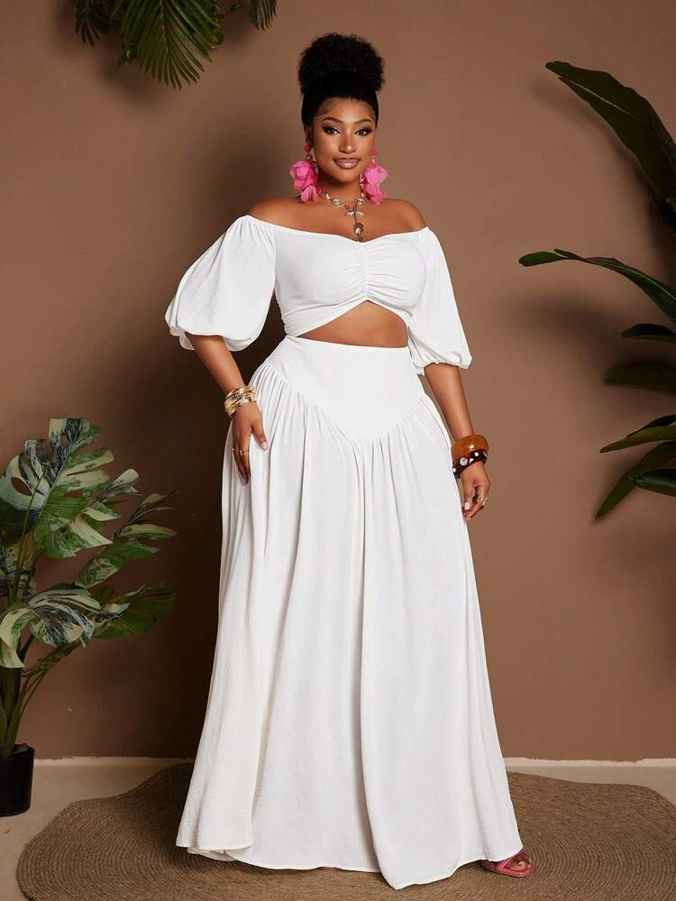 Maweii French Style White Off Shoulder Cropped Top & A-Line Long Skirt Set, Flattering & Versatile, Plus Size | SHEIN
