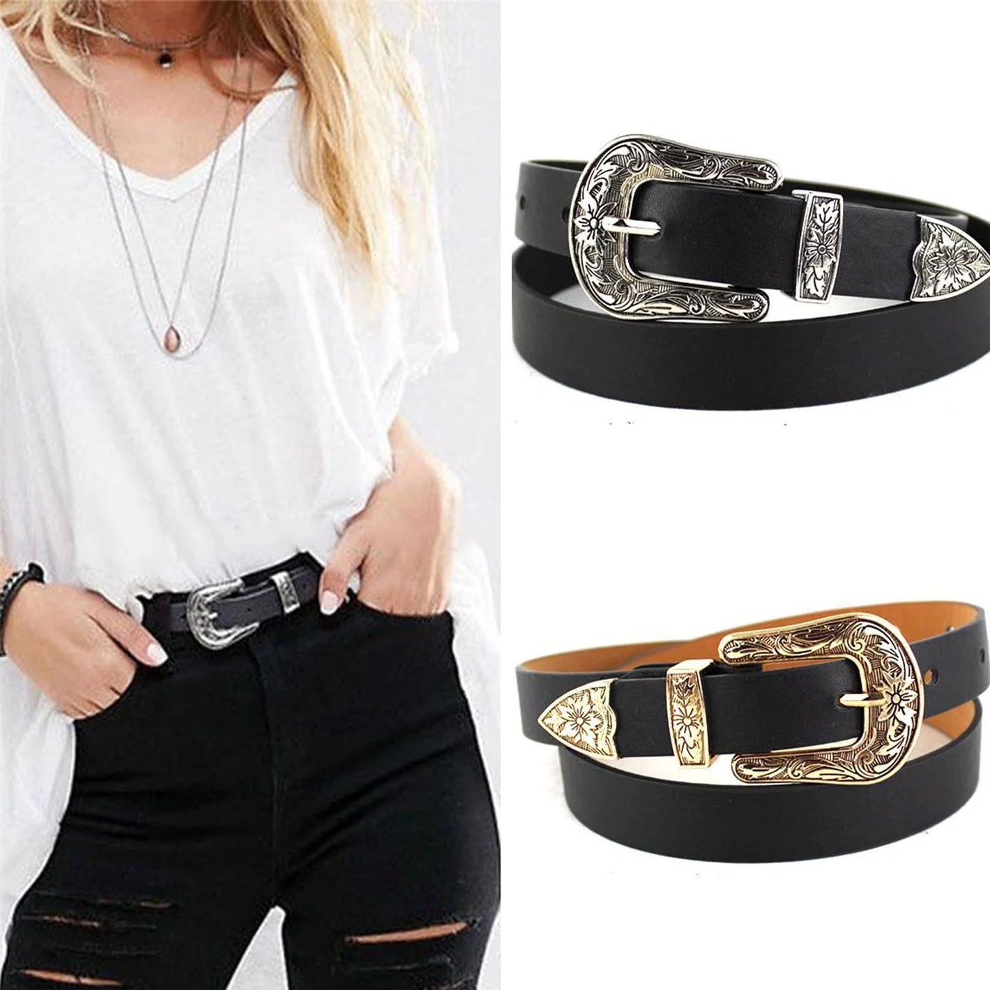 Details about Hup Women Black Leather Western Cowgirl Waist Belt Waistband Single Metal Buckle - ... | Walmart (US)