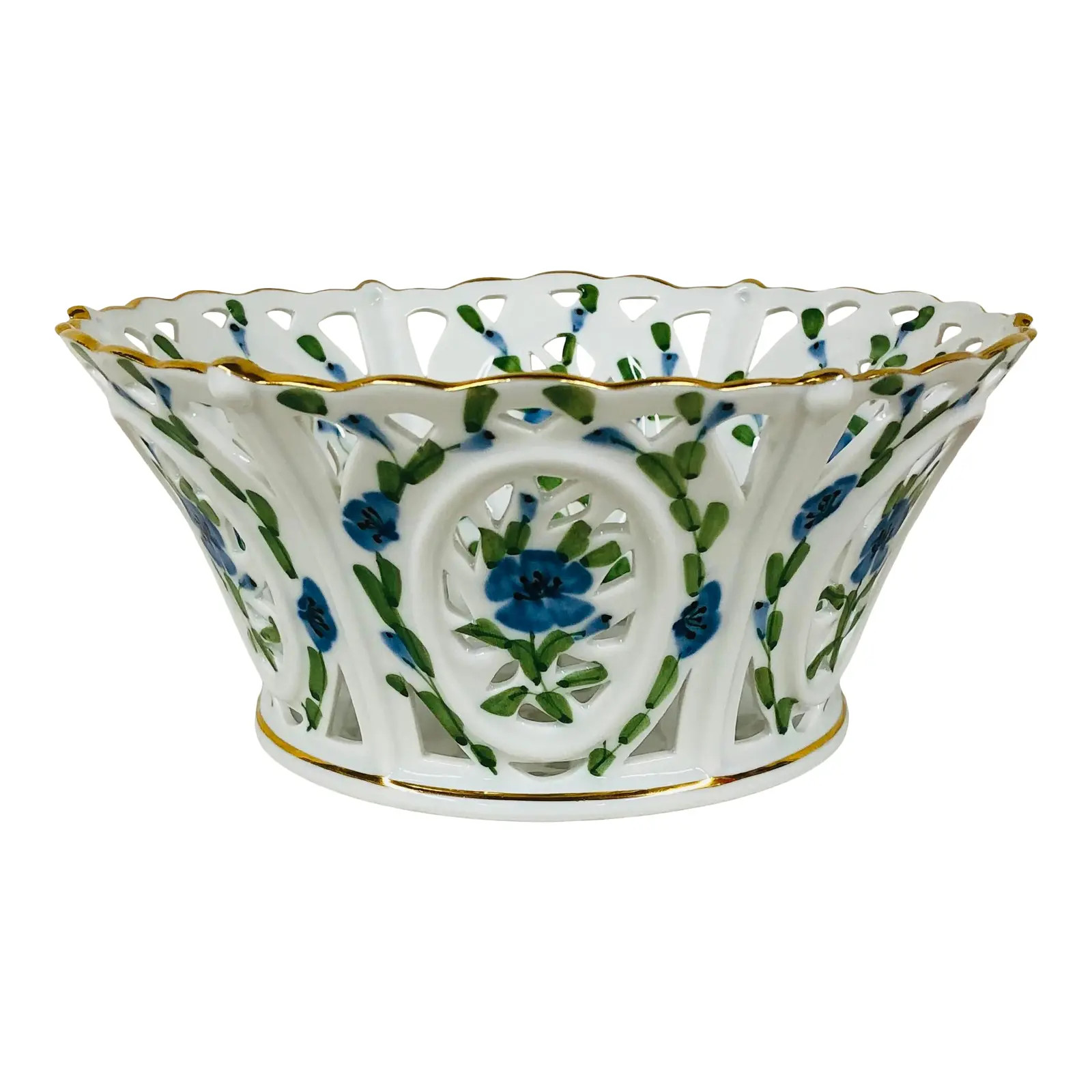 Andrea by Sadek Reticulated Cache Pot With Hand Painted Blue/Green Floral Pattern | Chairish