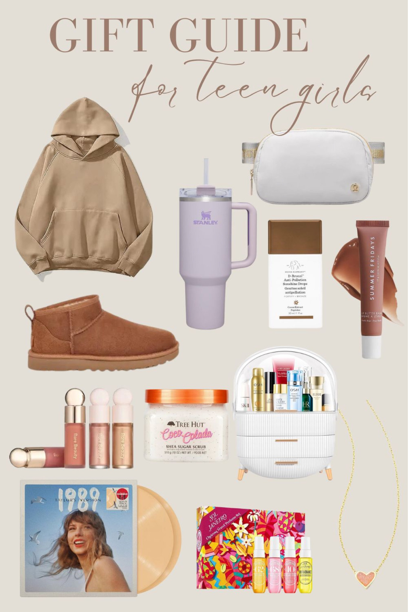 Gift guide for teen girls! Hoodie. Stanley. Lululemon. Drink elephant. Rare beauty. Makeup organizer. Uggs. Tree nut. Taylor swift  

#LTKGiftGuide #LTKSeasonal #LTKHoliday