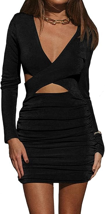 Umenlele Women's Crisscross V Neck Cut Out Long Sleeve Ruched Bodycon Mini Dress | Amazon (US)