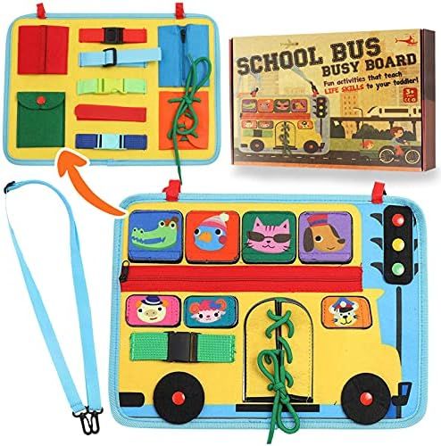 Toddler Busy Board, School Bus Preschool Educational Learning Toy, Basic Life Skills and Fine Mot... | Amazon (US)