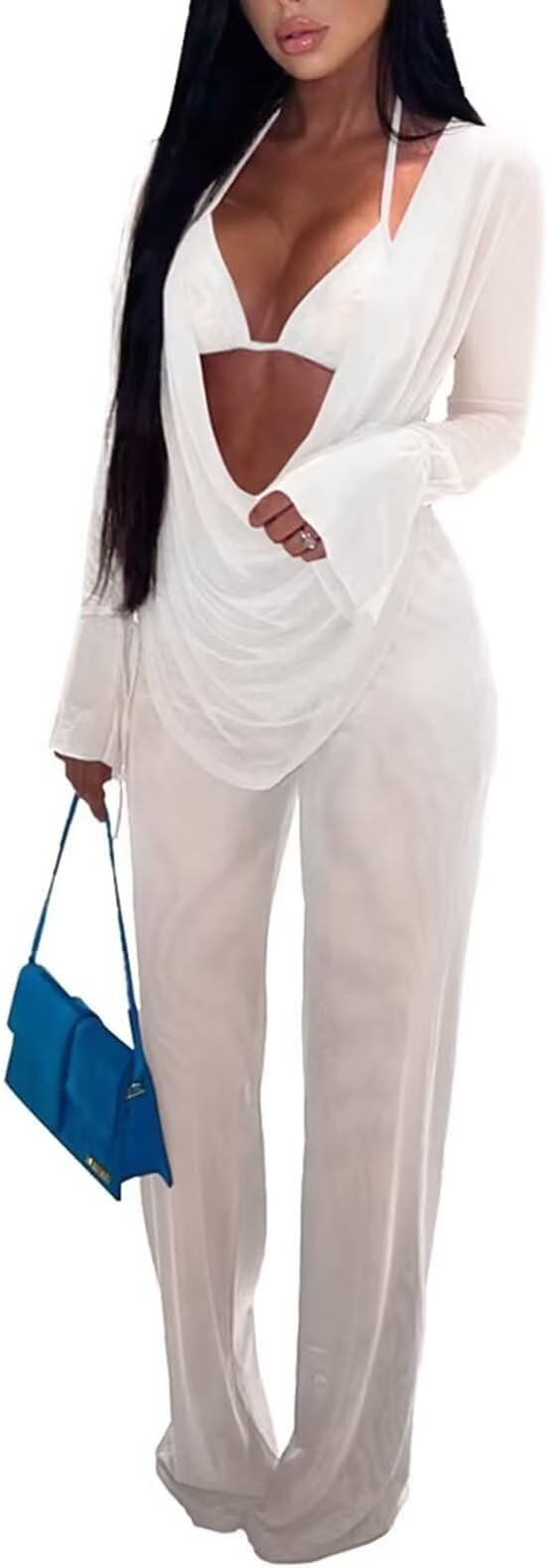 EDITCOZY Women Mesh Sheer 3pcs Outfits Long Sleeve Top Long Pant Bikini Cover Up | Amazon (US)