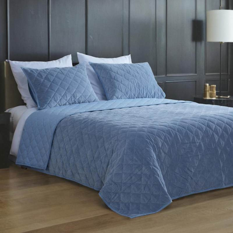3-Piece Light Blue Cotton Velvet Quilt Set, King | At Home