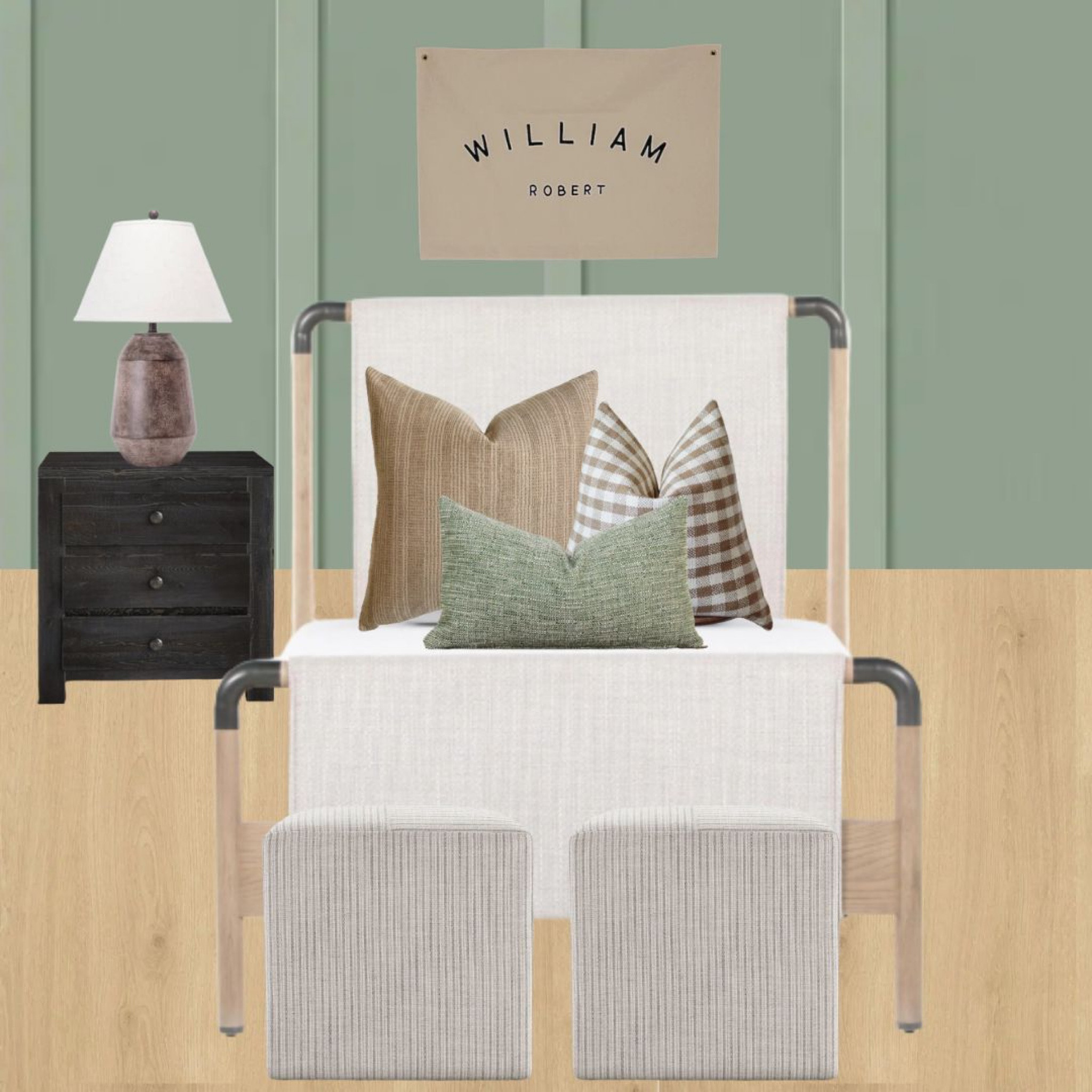 Boys bedroom twin bed upholstered bed frame nightstand throw pillows green sage black canvas studio mcgee designer dupe table lamp  

#LTKSeasonal #LTKhome #LTKsalealert
