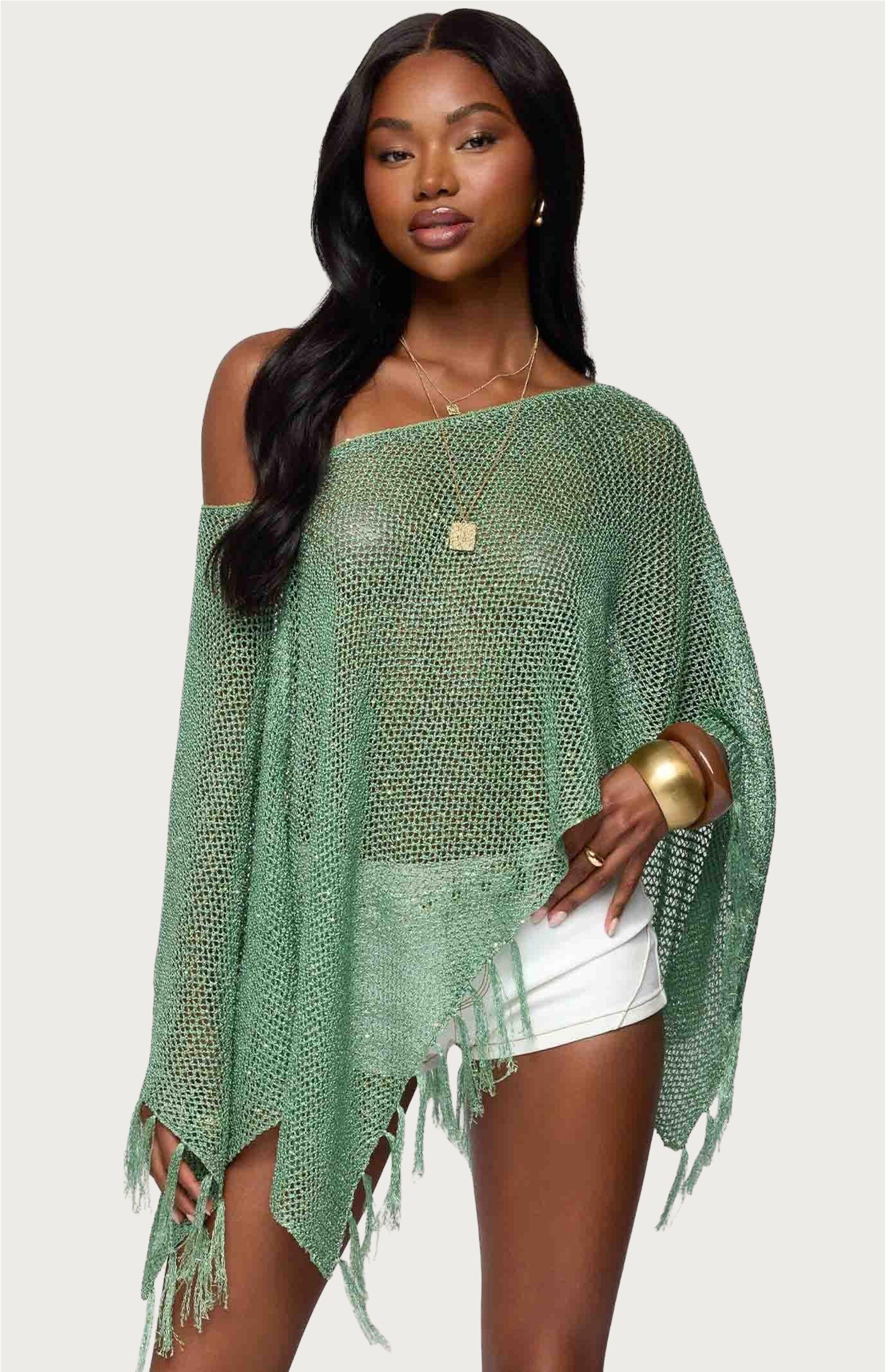 Edikted Sequin Fringe Knit Poncho | PacSun