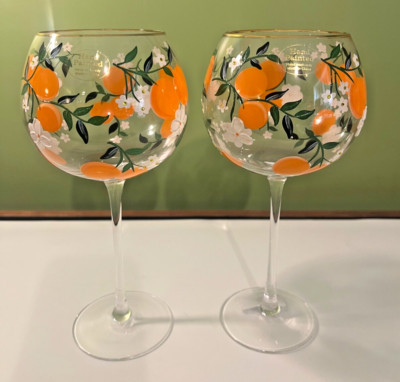 Set of 2 Handpainted Oranges w/Rhinestones Stemmed Balloon Wine Glasses NEW | eBay US