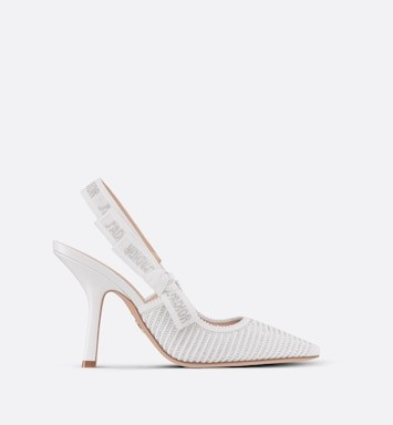 J'Adior Slingback Pump White Cotton Embroidered with Silver-Tone Strass | DIOR | Dior Couture