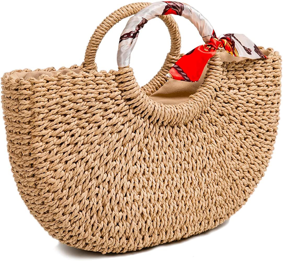 Amazon.com: FARVALUE Summer Straw Beach Tote Bag Handmade Large Straw Tote Handbag Women's Handba... | Amazon (US)