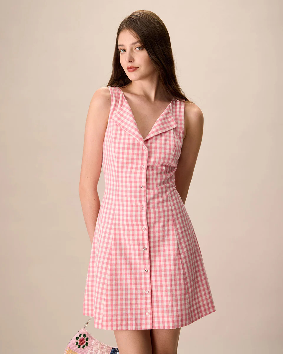 Women's Pink V-Neck Plaid Cotton Mini Dress & Reviews - Pink - Dresses | RIHOAS | rihoas.com