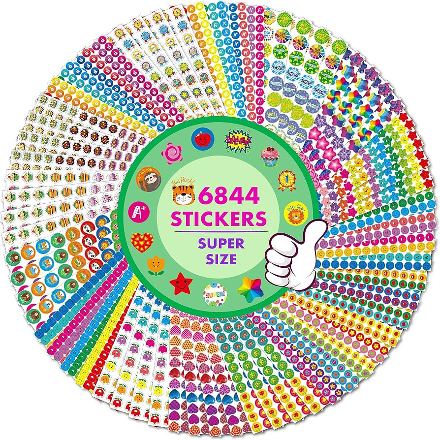 6844 PCS Incentive Stickers, 64 Sheets Round Stickers, Animals Donuts Cupcakes Stars Hearts Motiv... | Amazon (US)