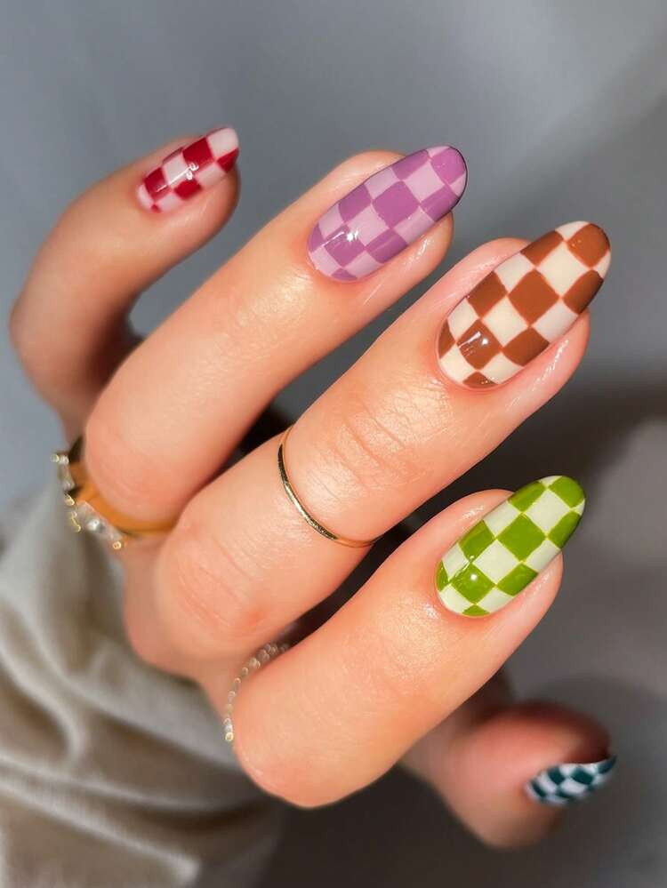24 Pieces Of Press On Nails Short Multi Color Simple Checkerboard Fake Nails Brown And Green Chec... | SHEIN