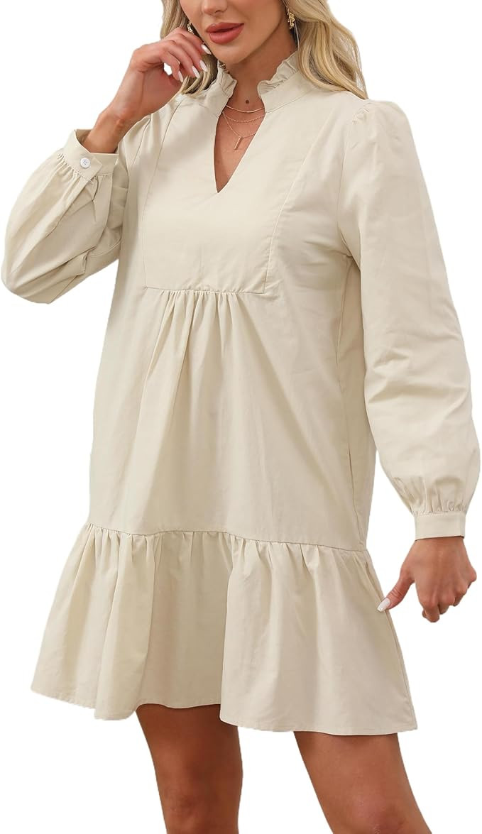 Ladyful Shift Mini Dress Women Long Sleeve Drop Waist Flowy Ruffle Tiered Tunic Dress with Pocket... | Amazon (US)