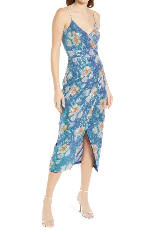 Saylor Meghan Faux Wrap Midi Dress in Blue Multi at Nordstrom, Size Small | Nordstrom