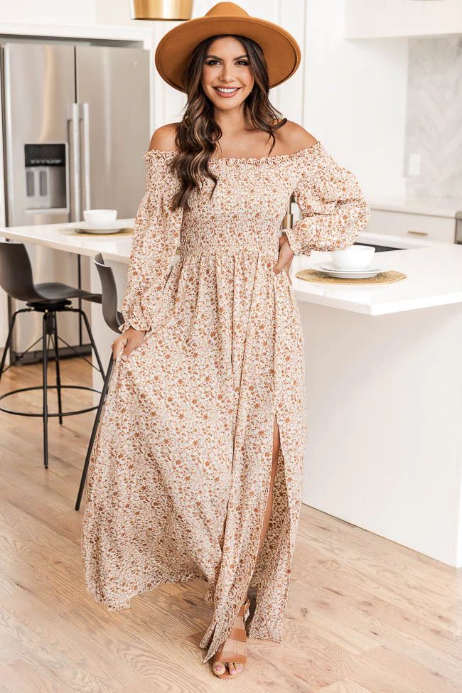 Sounds In My Mind Cream Smocked Bust Off The Shoulder Floral Maxi Dress | Pink Lily