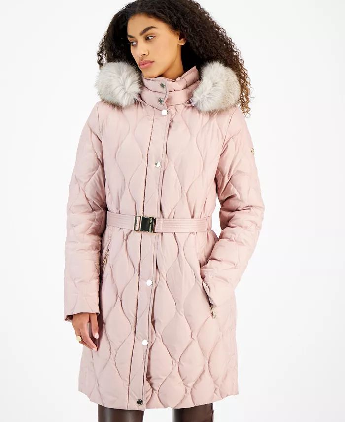 Women's Belted Faux-Fur-Trimmed Hooded Puffer Coat | Macy's