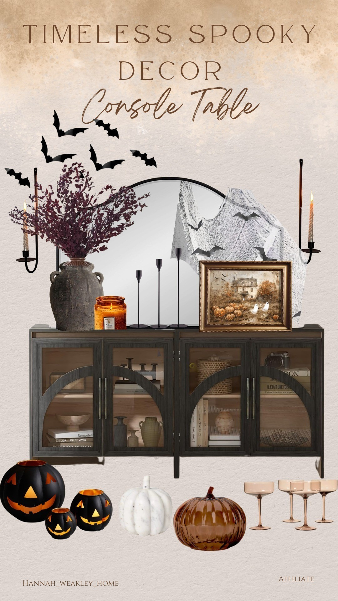 Timeless Spooky Decor| Vintage Halloween Decor| Antique- Inspired Decor| Console Table| Wall Bats| Spooky Artwork| Metal Jack O Lanterns| Glass Pumpkins | Halloween Entryway | Halloween Decorations | Halloween 2026 | Halloween Living Room

#LTKSeasonal #LTKHome #LTKSaleAlert