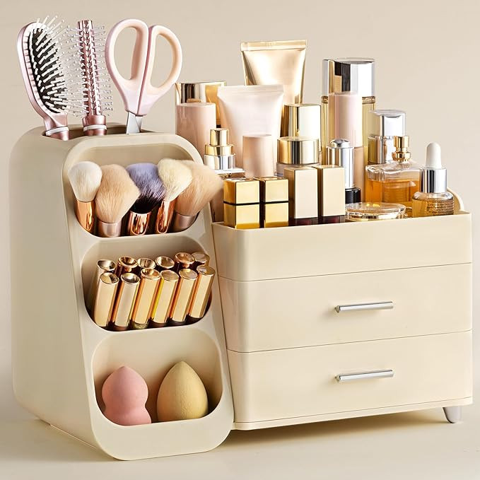 HBlife Makeup Organizer with Brush Holder for Vanity, Large Plastic Bathroom Countertop Organizer... | Amazon (US)