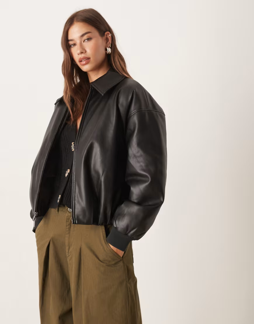 Abercrombie & Fitch vegan leather bubble hem bomber jacket in black | ASOS (Global)