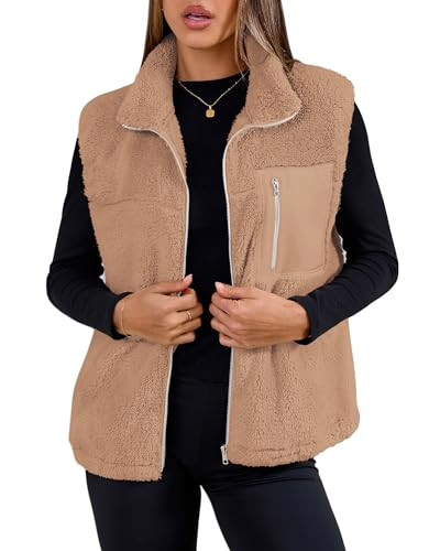SimpleFun Women's Fleece Vest Lightweight Full Zip Sleeveless Warm Jackets Fuzzy Winter Coats with Pockets Camel S | Amazon (US)