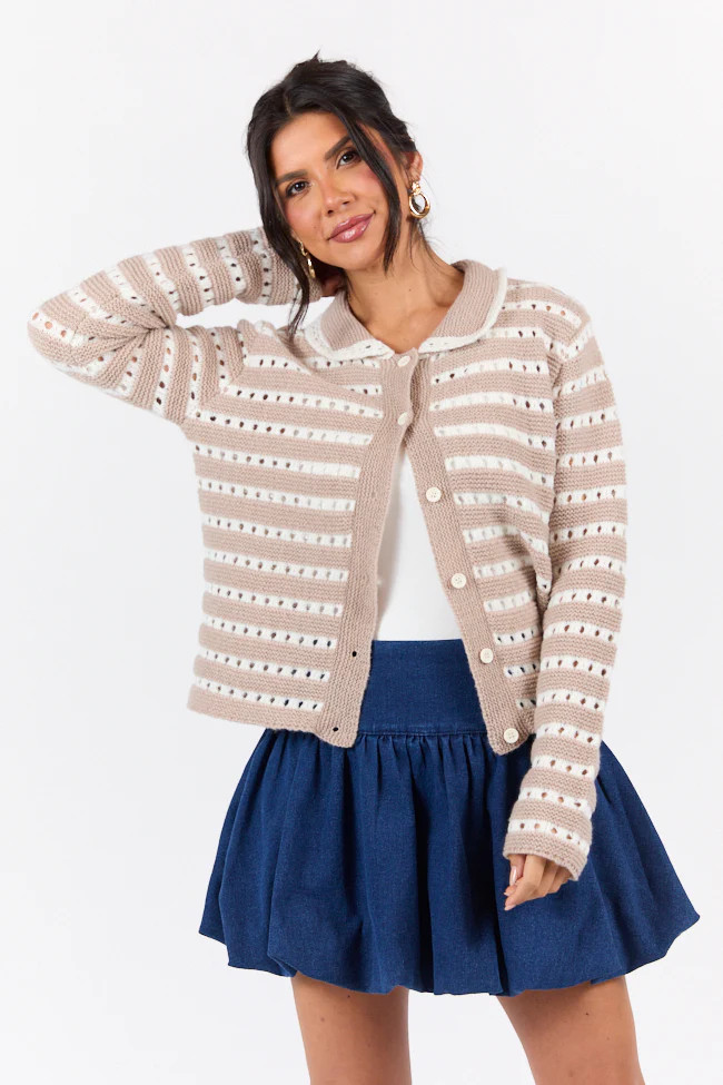 Warm Feelings Taupe Open Knit Striped Collared Cardigan | Pink Lily