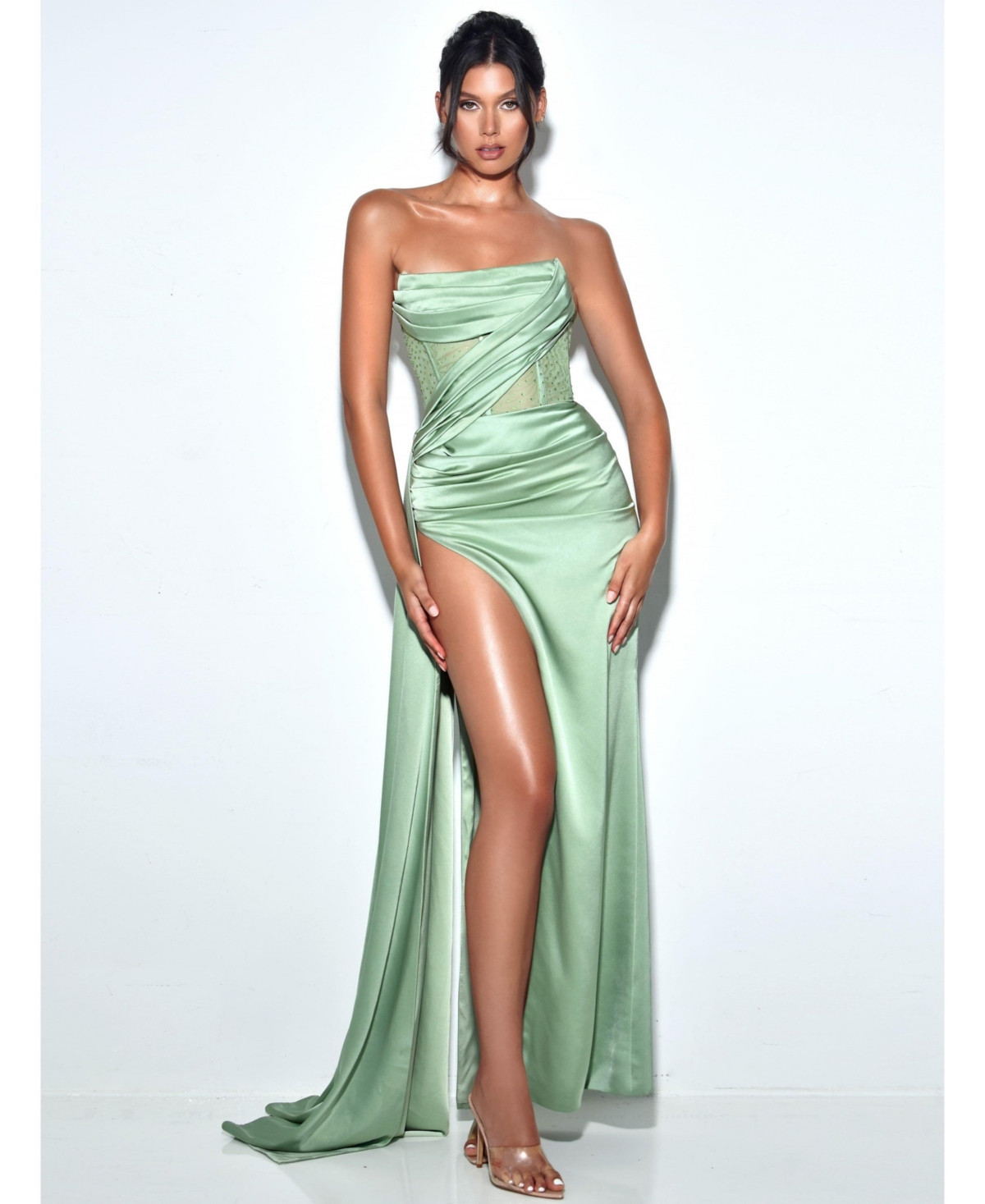 Miss Circle Women Holly Basil Crystallized Corset High Slit Satin Gown - Basil green | Macy's