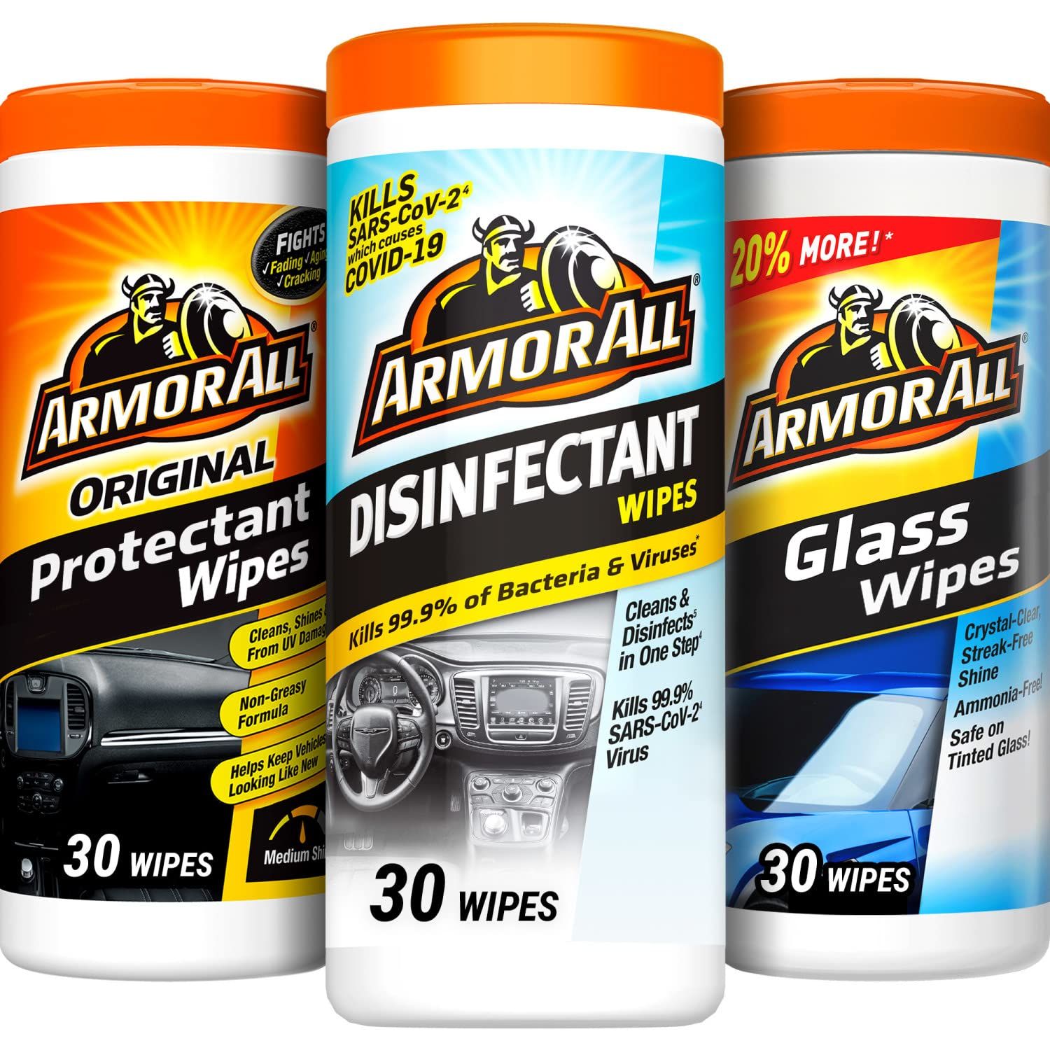 Armor All Protectant Wipes, Disinfectant Wipes, Glass Cleaner Wipes Variety Pack - 30 Count (Pack of | Amazon (US)