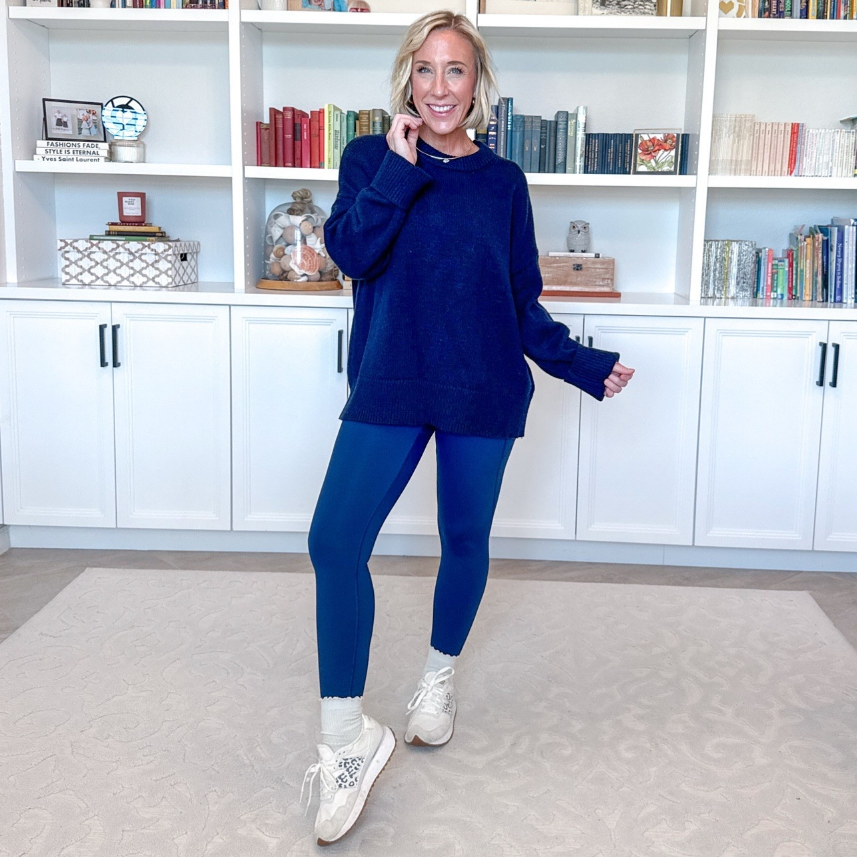 Pants for Fall - from leggings to trousers: •• use code LESLIEPD20 for 20% off these pants! ••  Fleece Lined Leggings w/ Pockets & No Front Seam - size small. 5 colors. * Cashmere Blend Oversized Crew Neck Sweater - size small. 18 colors.