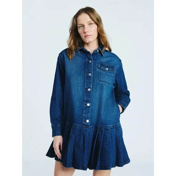 Scoop Women's and Women’s Plus Denim Pleated Mini Shirt Dress, Sizes XS-4X | Walmart (US)
