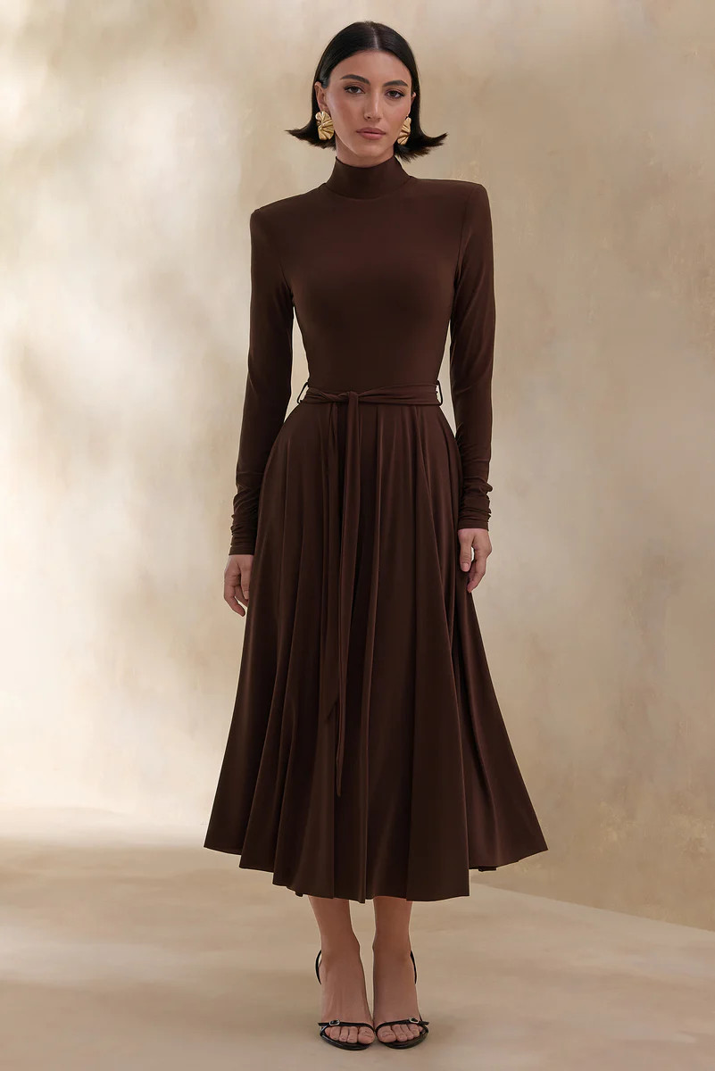 Opalia  Brown High-Neck Belted Midi Dress | Club L London