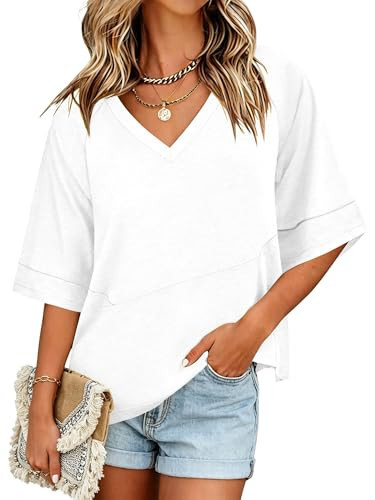 White Tops for Women Trendy V Neck Batwing Half Sleeve T-Shirts Loose Fit Blouse Flowy Tee XXL | Amazon (US)