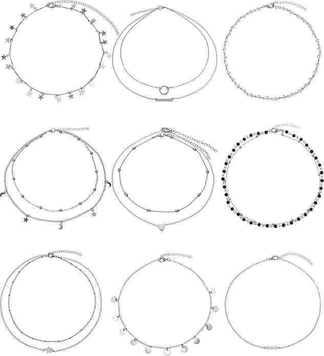 BBTO 9 Pieces Women Girls Layered Choker Necklace Sliver Layered Pendant Choker Jewelry Set (Styl... | Amazon (US)