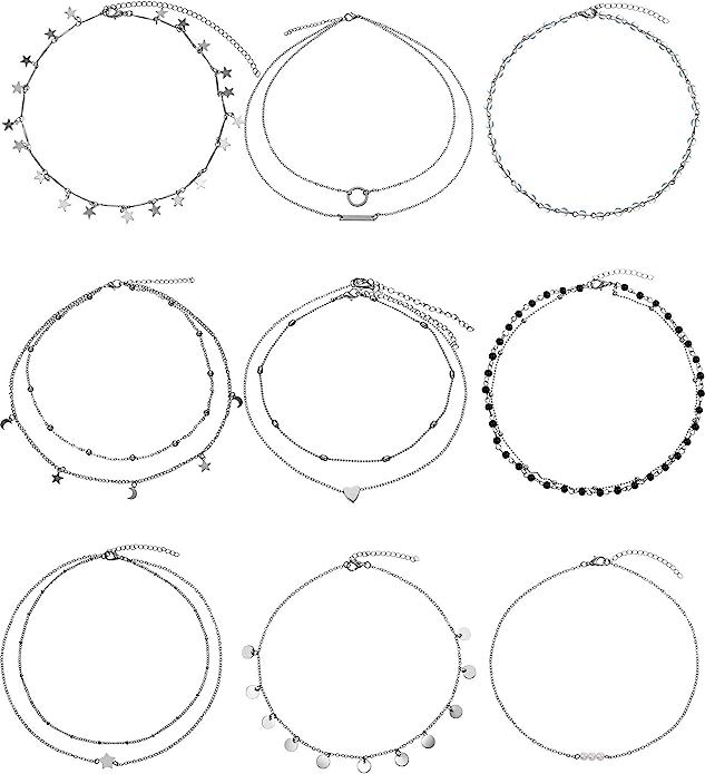 BBTO 9 Pieces Women Girls Layered Choker Necklace Sliver Layered Pendant Choker Jewelry Set (Styl... | Amazon (US)