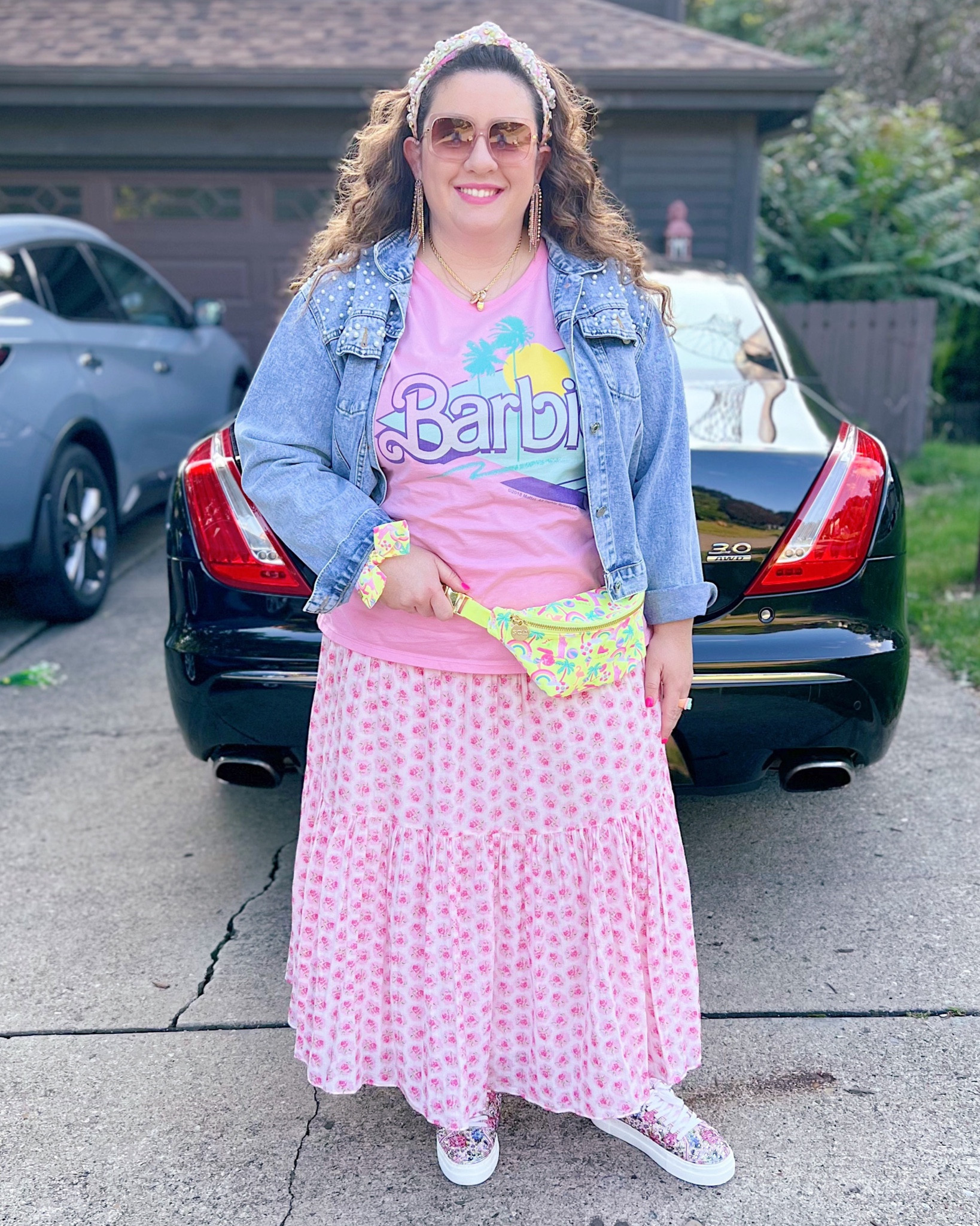 Barbie outfit, Barbie The Movie outfit, Barbie t-shirt for women, pink Barbie t-shirt, pink midi skirt, pearl denim jacket, rhinestone sneakers, fashion sneakers, fanny pack, belt bag, Barbiecore, pink sunglasses, embellished knotted headband 

#LTKmidsize #LTKunder50 #LTKFind