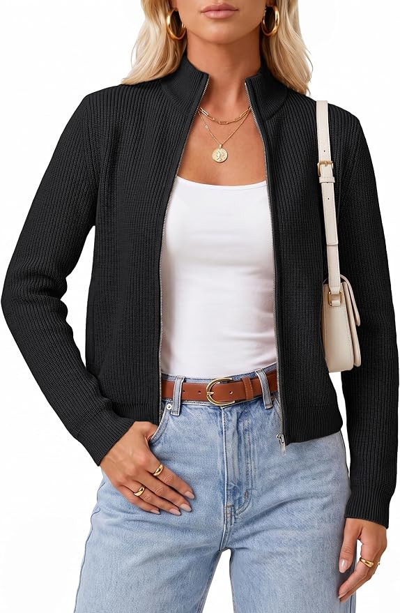 Arach&Cloz Women's Wool Blend Mock Neck Zip Up Fall Work Cardigan Sweaters | Amazon (US)