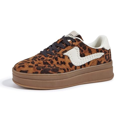 LUCKY STEP Women's Platform Fashion Sneakers Thick Sole Suede Genuine Leather Classic Rubber Gum Sole Low Top Casual Walking Shoes(Brown/Leopard,10 B(M) US) | Amazon (US)