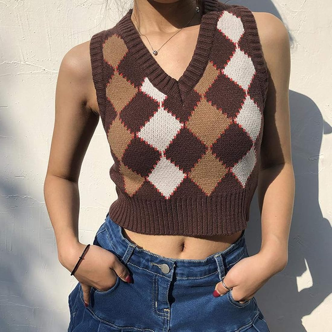 Hyipels Argyle Sweater Vest Women Y2K Plaid Knitted Streetwear Preppy Style V Neck Crop Knitwear Tan | Amazon (US)