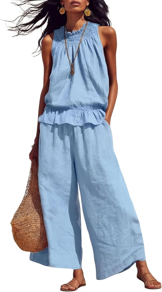 Tanming Women's Linen 2 Piece Outfits Sleeveless Ruffle Top Wide Leg Pants Summer Loungewear Beac... | Amazon (US)