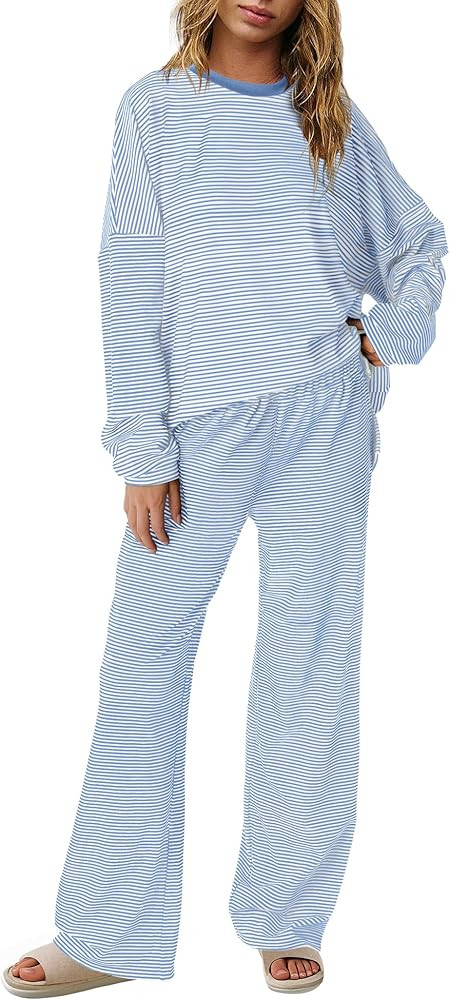 Panadila Womens 2 Piece Lounge Sets Striped Long Sleeve Pajama Set Oversized Tshirts Wide Leg Pan... | Amazon (US)