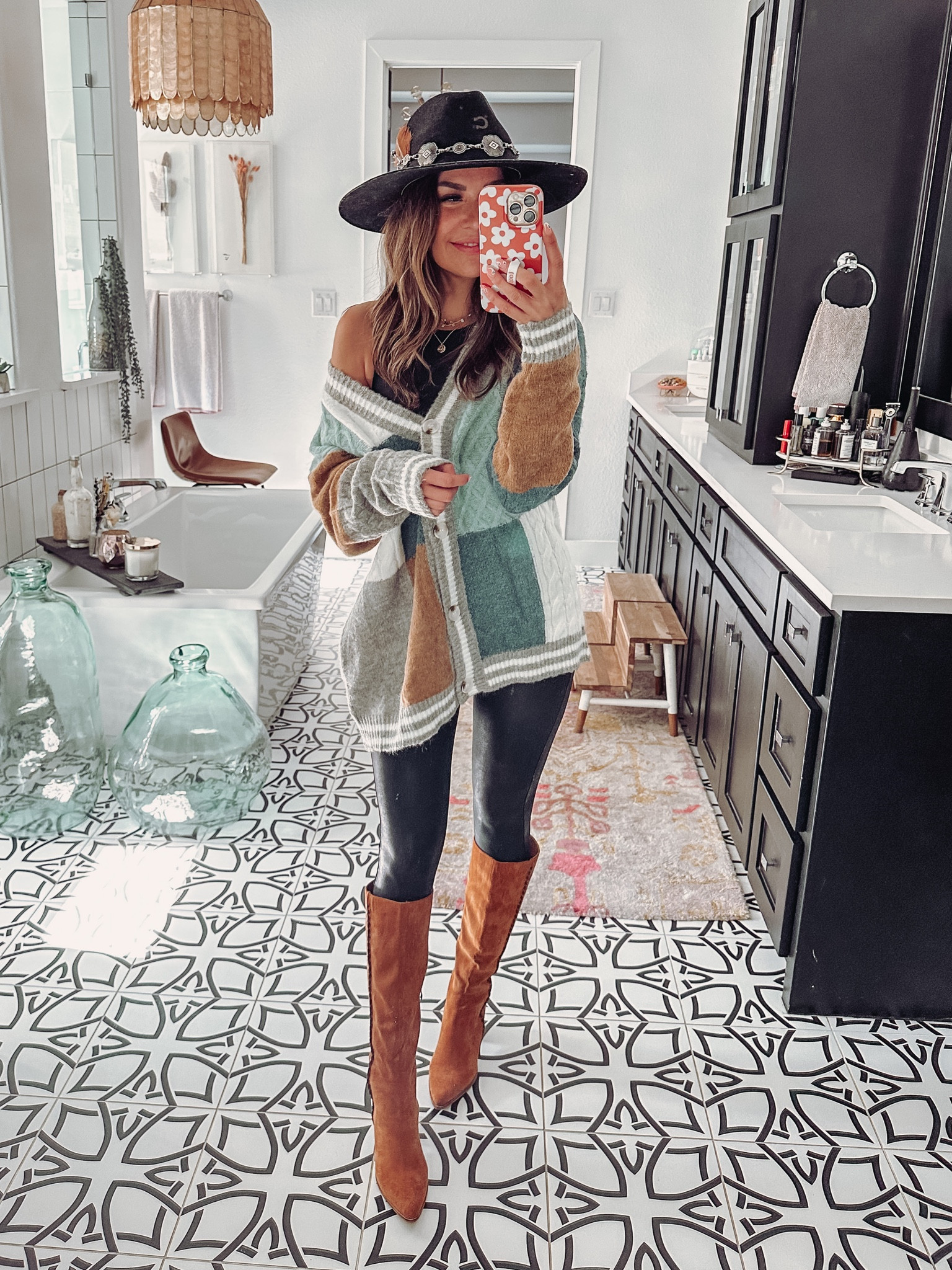 red dress birthday code!! 20% off HBDAMBER20 | size small in this oversized grandpa sweater and size small in these faux leather leggings  

#LTKHalloween #LTKSeasonal #LTKstyletip