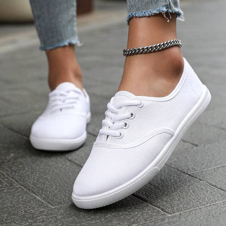 Women's Solid Color Canvas Flat Shoes, Round Toe Lace-Up Breathable Non-Slip Shoes, Women's Classic Canvas Flat Shoes, Solid Color Lace-Up Low-Top Casual Shoes, Women's Comfortable Footwear | SHEIN USA | SHEIN