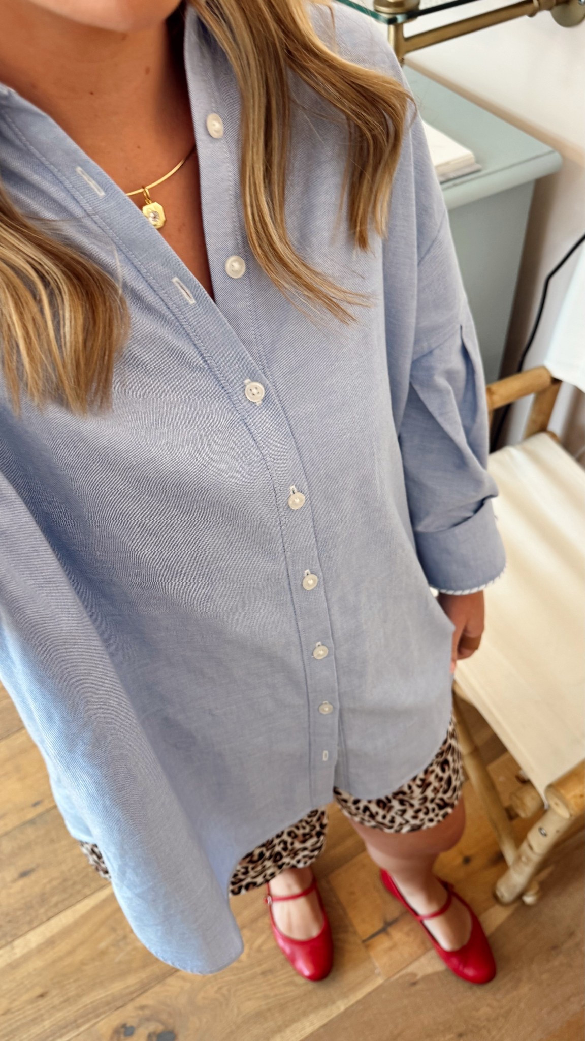 comfiest oversized maeve blue button down, anthro silky shorts, margaux flats, goldbug jewels 

#LTKWorkwear #LTKStyleTip #LTKSeasonal