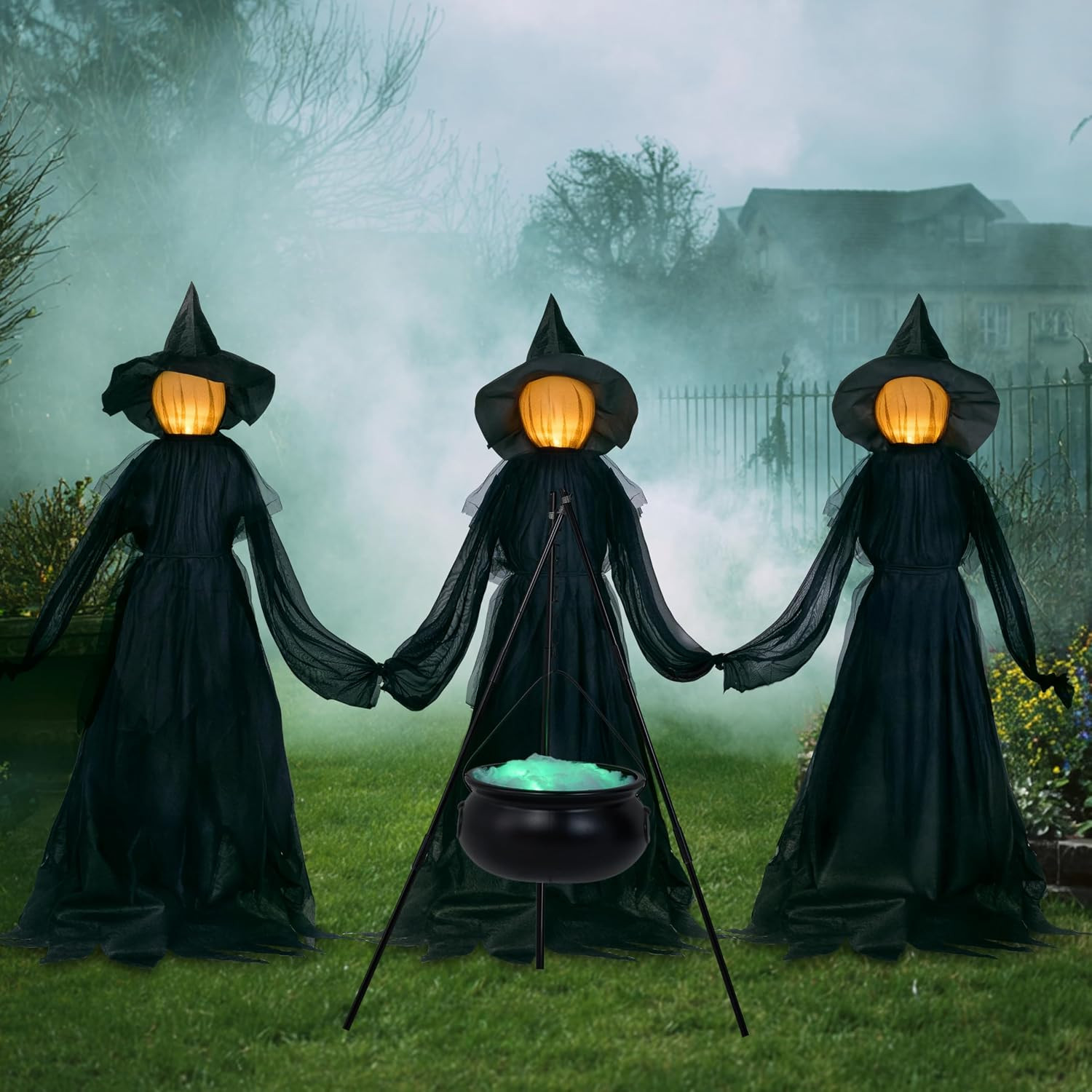 JOYIN 5 FT Halloween Witch Decorations Outdoor, Set of 3 Light Up Holding Hands Witches with Cauldron Yard Stakes, LED Witch Cauldron on Tripod for Graveyard Yard Lawn Party Haunted House Decor | Amazon (US)