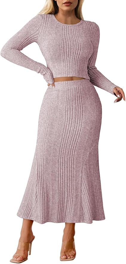 Pink Queen Ribbed Knit 2 Piece Dress Set for Women Fall Long Sleeve Crop Top with High Waist Skir... | Amazon (US)