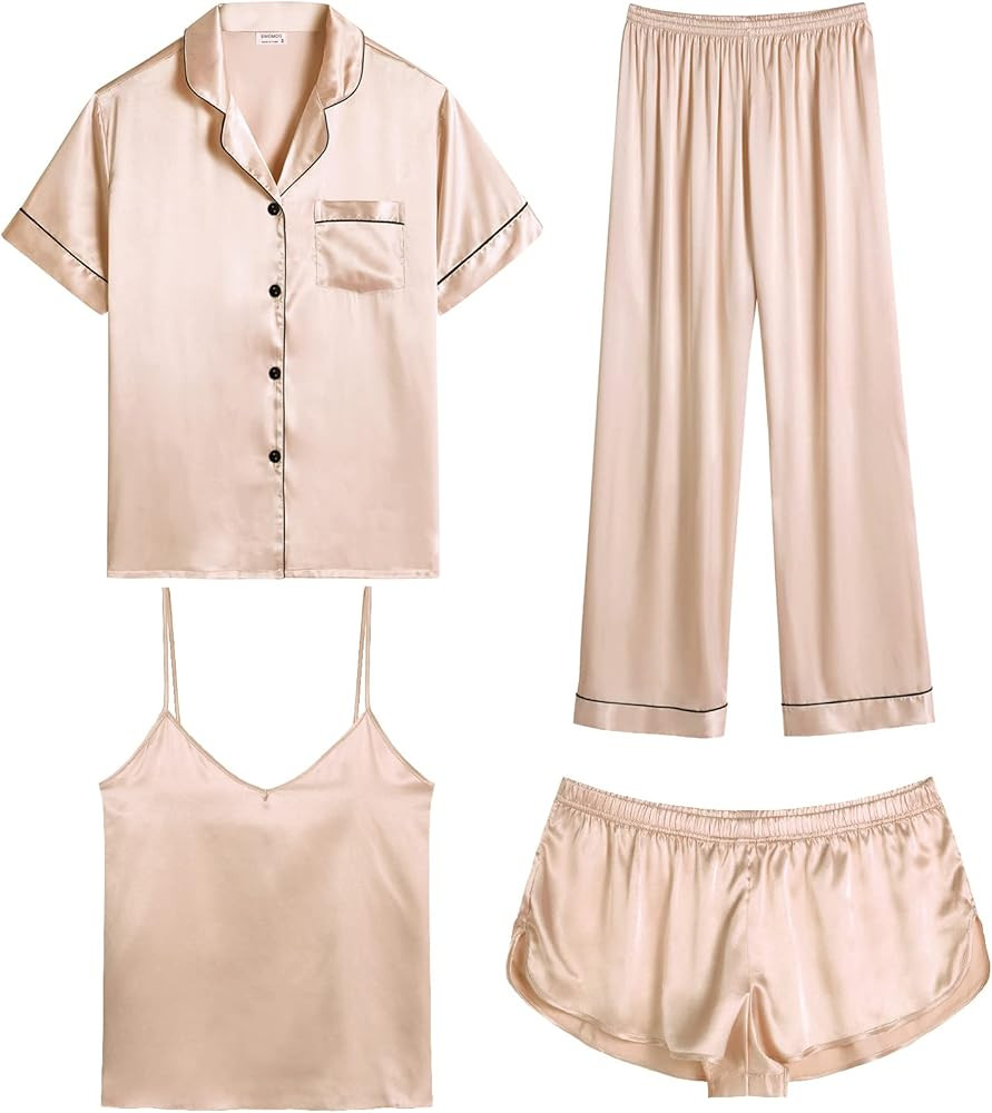 SWOMOG Womens 4pcs Pajamas Sets Silk Satin Sleepwear Sexy Cami with Button Down Short Sleeve Shir... | Amazon (US)