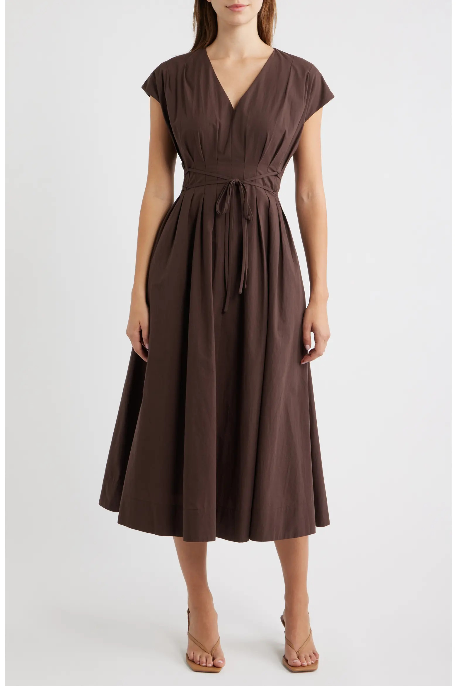 MOON RIVER Pleated V-Neck Midi Dress (Women) | Nordstrom | Nordstrom