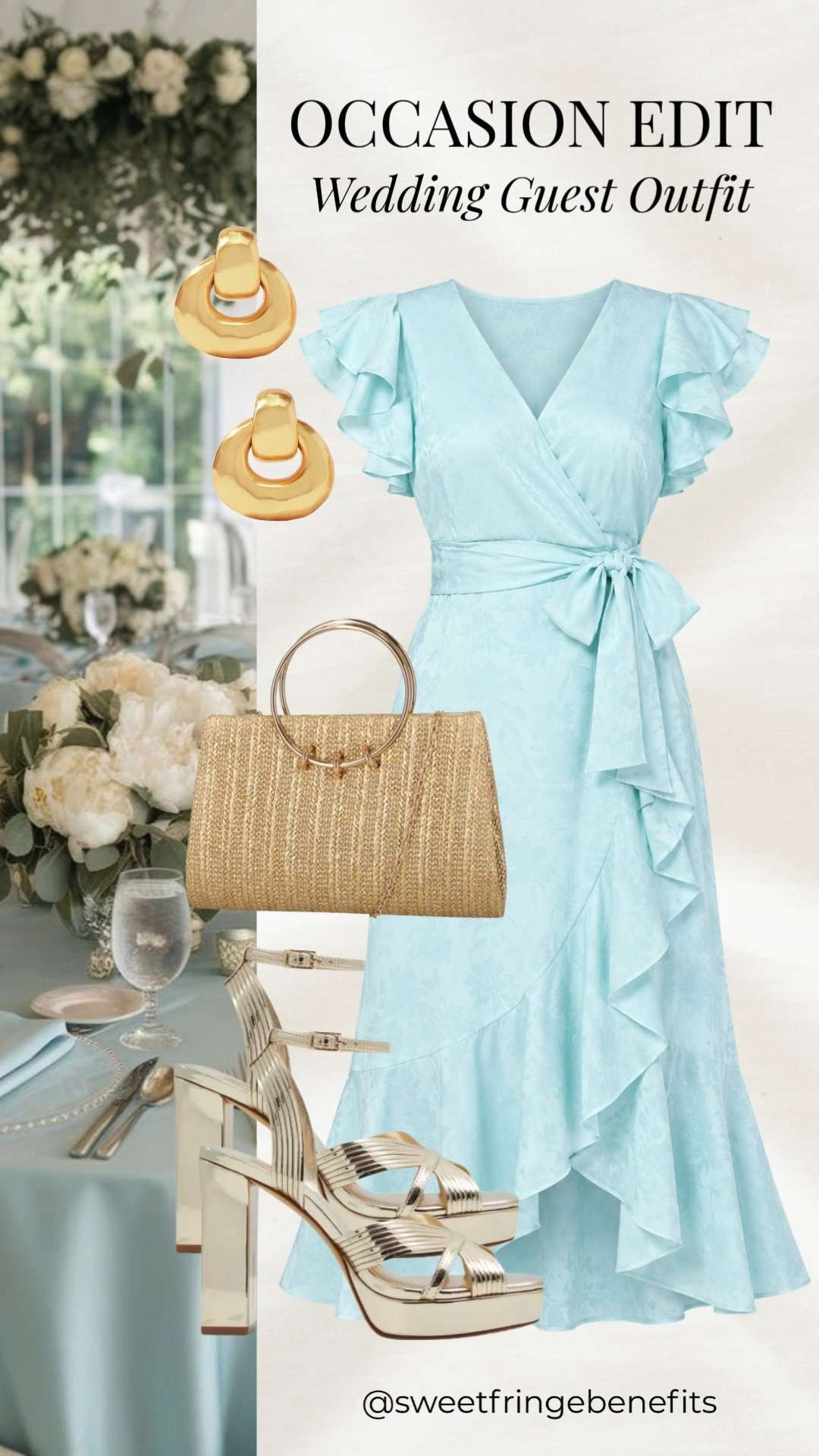 Headed to a wedding this season? This soft blue wrap dress is elegant, flattering, and easy to wear from the ceremony to the dance floor. Paired with gold heels, a woven clutch, and statement earrings, it's a timeless wedding guest look you'll reach for again and again.

💡 LTK MADE EASY
❤️ Heart = Support my posts!
🔖 Save = Get sale & restock alerts
📋 Lists = Keep favorites organized
📲 Share = Send lists and products to a friend. Hello, Christmas List!
💬 Comment = Ask me anything about what I'm wearing. :-) 

 #LTKootd #LTKSaleAlert #LTKWedding