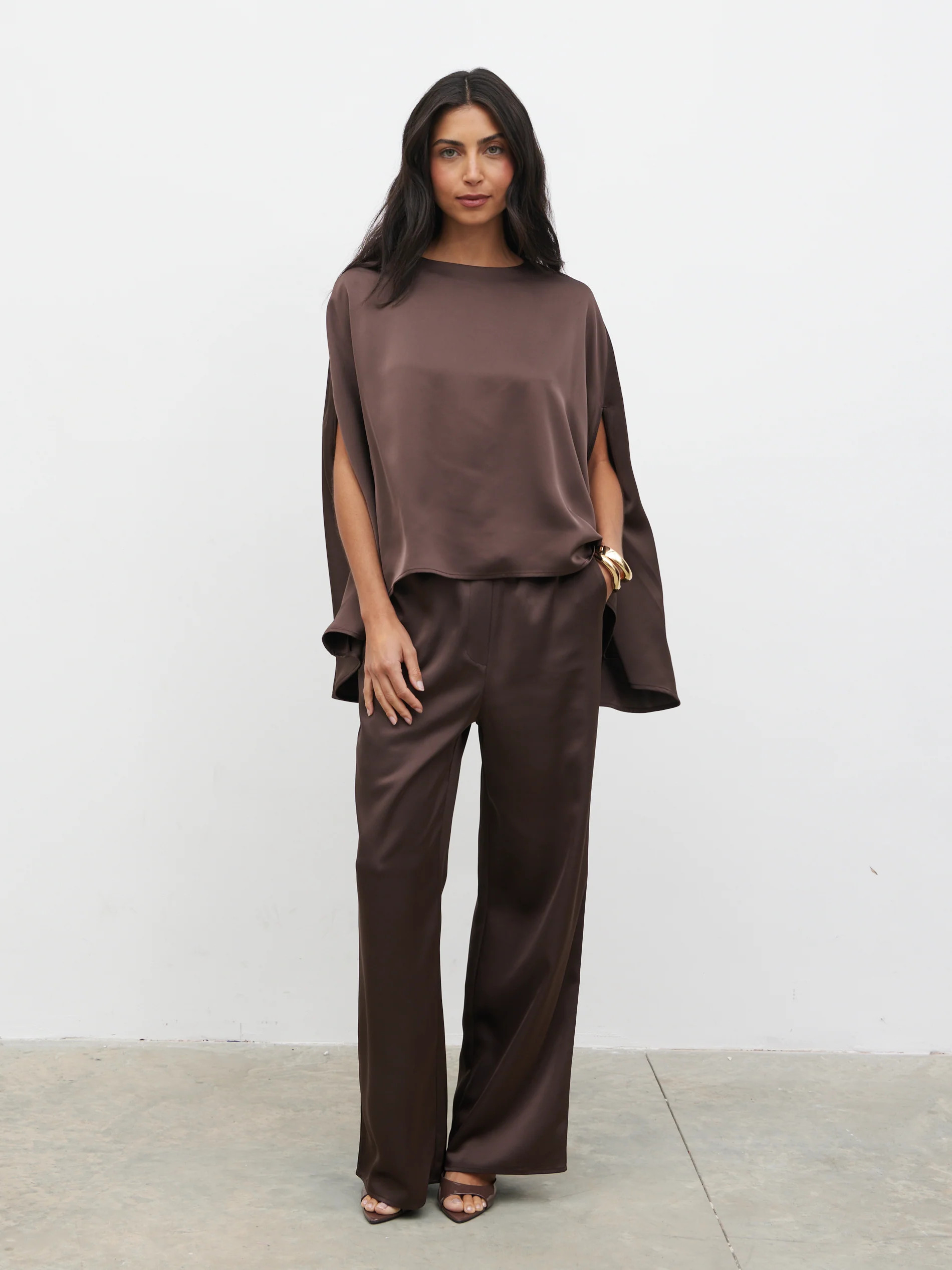 Breya Cape Floaty Satin Top - Chocolate Brown | Pretty Lavish (UK)