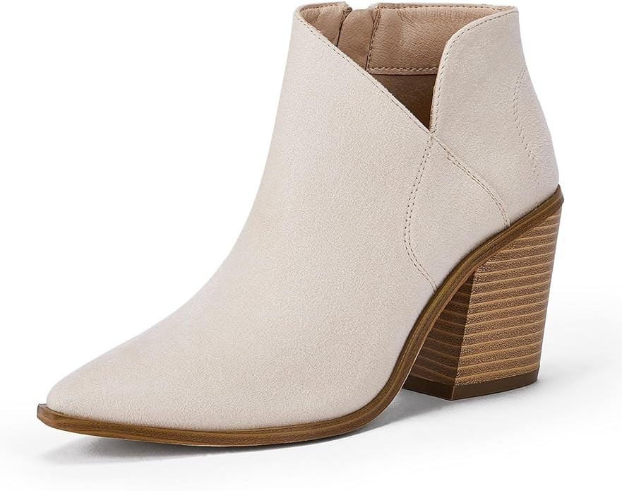 Womens Ankle Boots V Cutout Pointed Toe Western Booties Chunky Heel Side Zipper Chelsea Boots | Amazon (US)